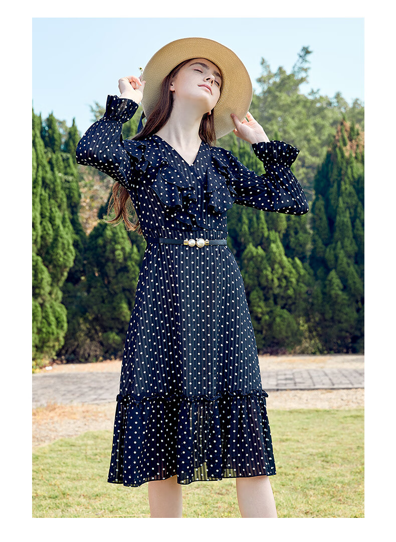 朵以2020秋装新款收腰显瘦气质复古波点雪纺连衣裙女35dc849026黑底