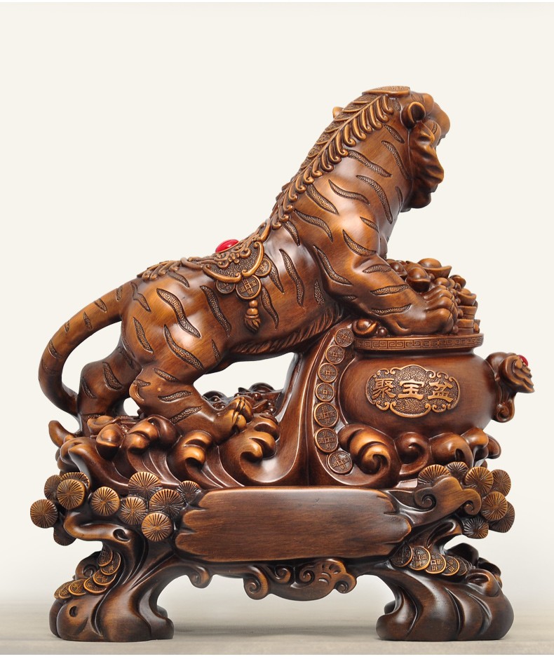 老虎摆件可爱家居摆设装饰十二生肖虎树脂创意工艺品福虎jucai檀木色