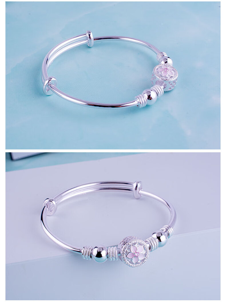 手镯女s999实心足银手镯子送女友老婆生日礼物学生桃花景泰蓝 桃之