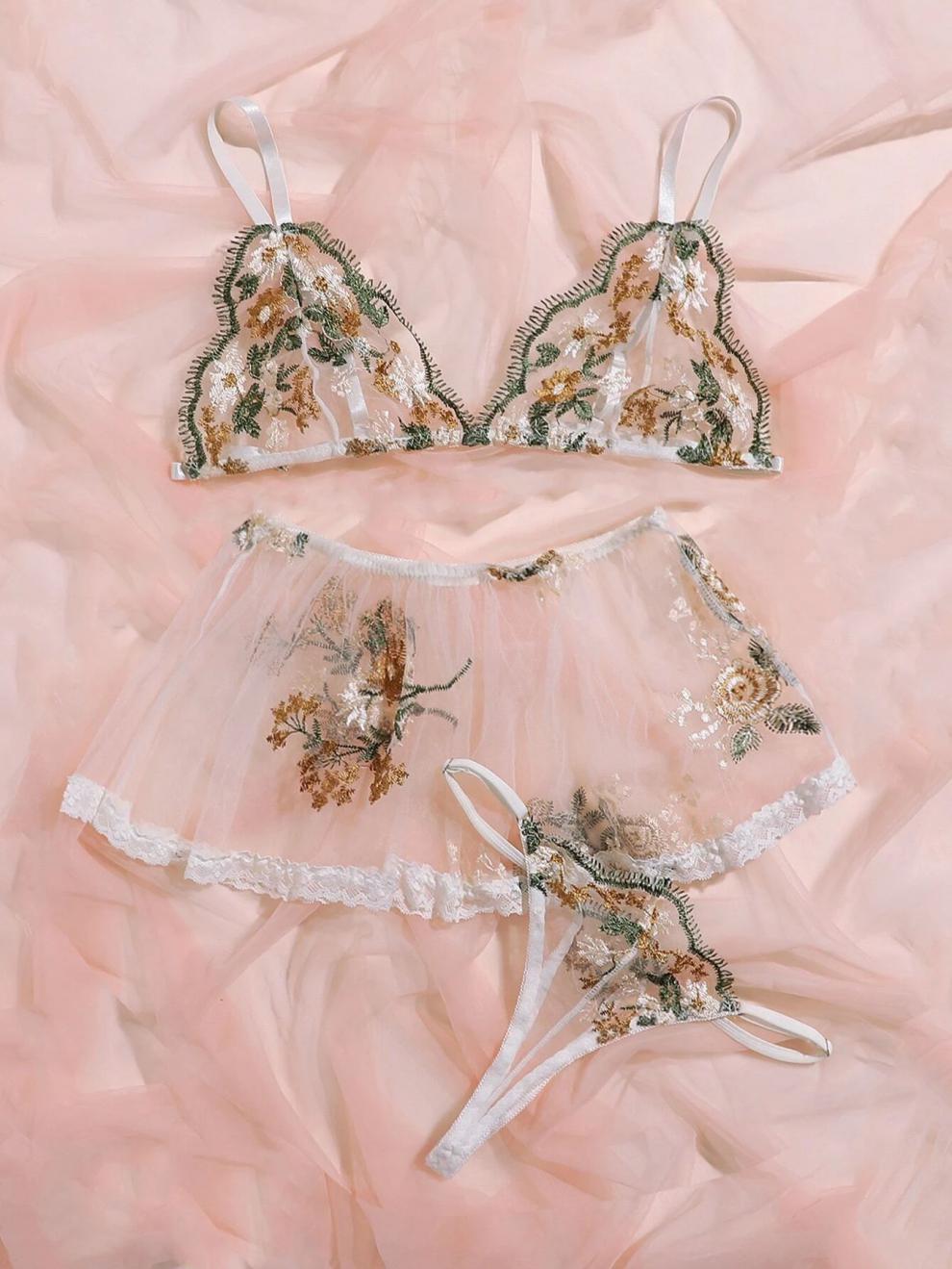 情趣内衣 欧美 刺绣性感透视 蕾丝 情趣睡衣三点式 套装sm制服诱惑