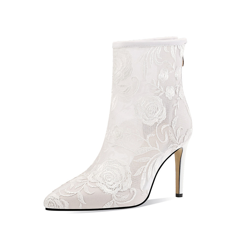 风春季薄款靴子气质细跟尖头甜美蕾丝刺绣花朵时尚镂空网纱靴白色38