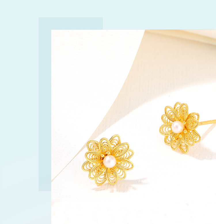 千叶珠宝 黄金足金淡水珠耳 花丝工艺时尚耳饰耳环结婚首饰送礼女节日