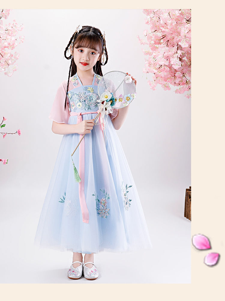 火山鸟儿童古装汉服10岁女童夏季薄款古风公主裙中小学生活动演出服