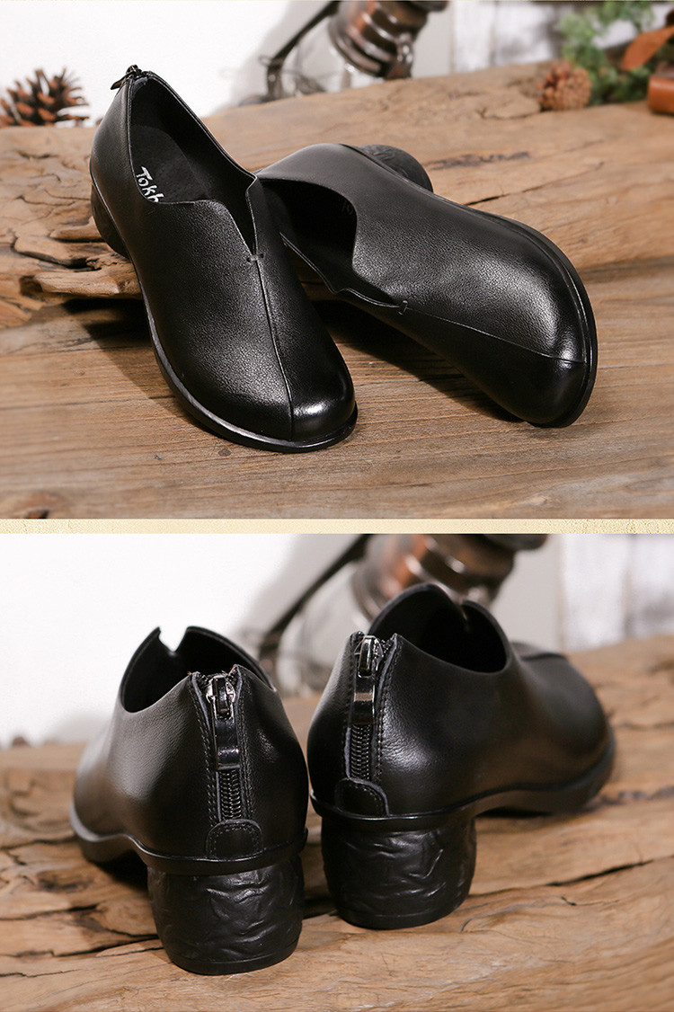 吐火罗真皮单鞋女2020年春季新款个性复古休闲鞋简约后拉链舒适女鞋