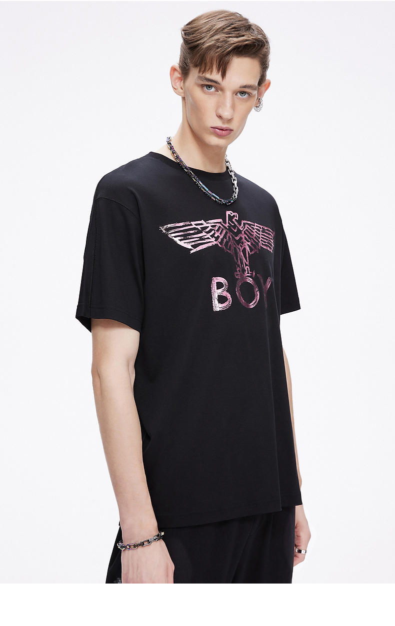 boylondon官网2021秋冬新品水墨翅膀印描边短袖t恤女t恤男203902黑色s