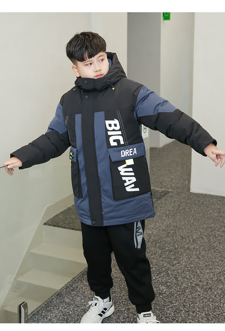萌菲思胖男童冬装棉衣加肥加大中长款厚外套胖男孩加厚棉袄大童冬 黑