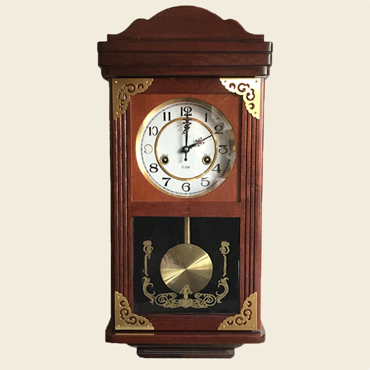 复古老式敲钟报时钟表老式机械挂钟复古摆钟纯铜机芯发条上链时钟木质