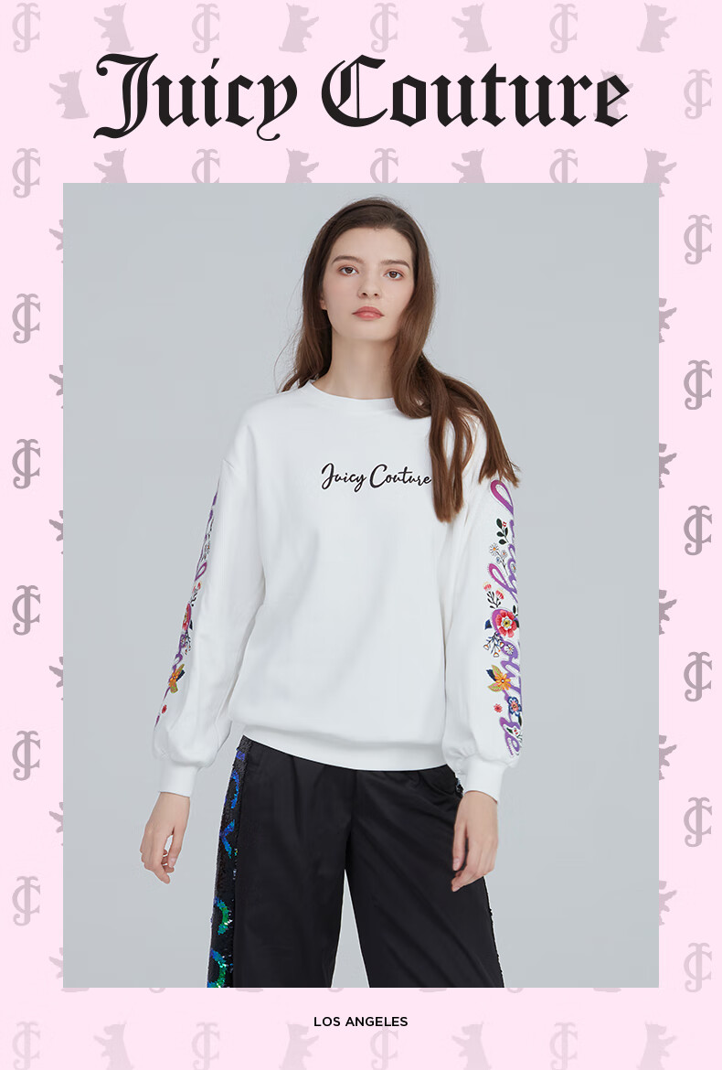 juicycouture橘滋女装新品绣花图案长袖休闲运动上衣卫衣女白色xs