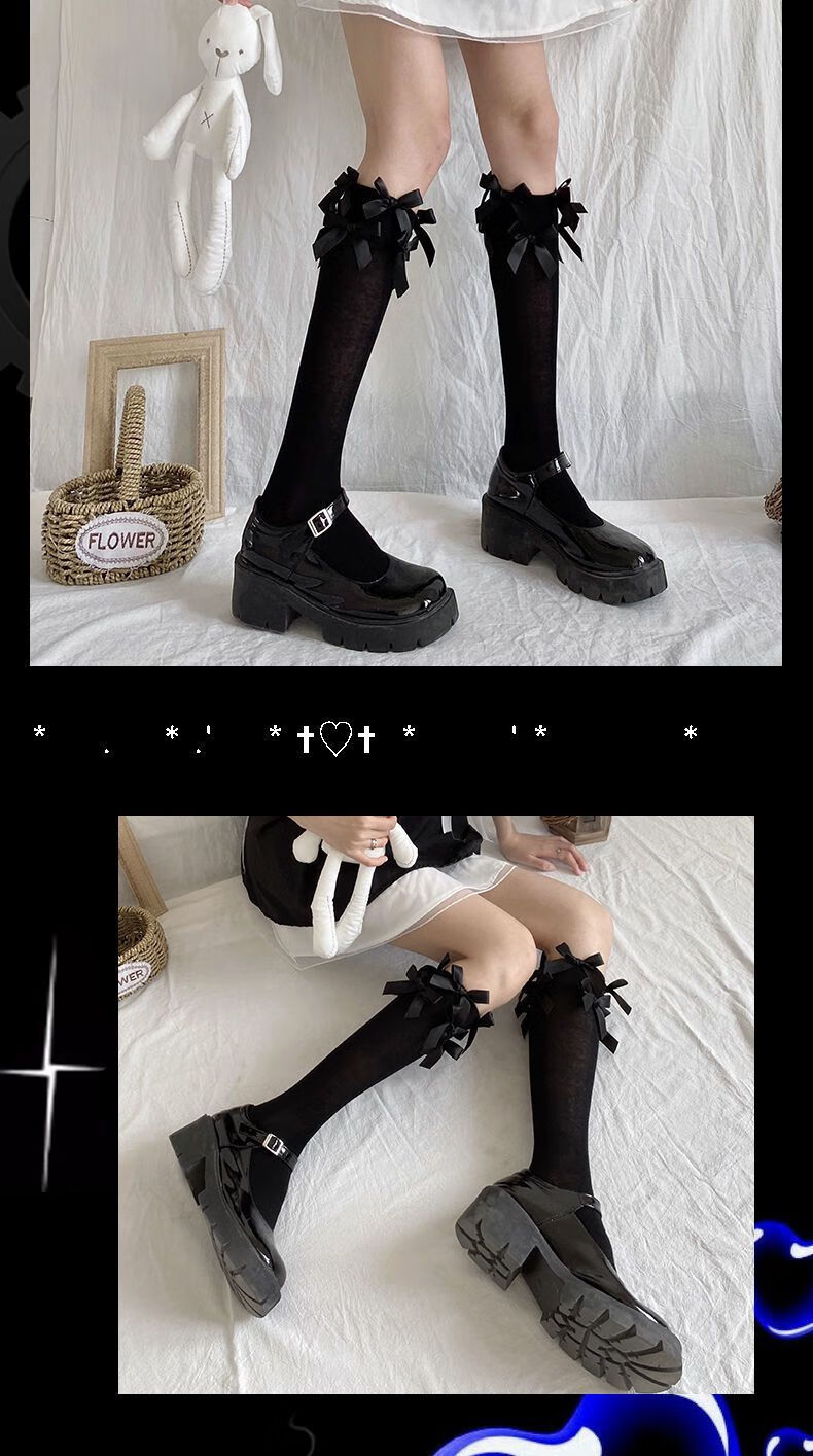 jk长筒袜女蝴蝶结小腿袜袜子女黑色棉长筒袜堆堆日系可爱lolita中筒袜