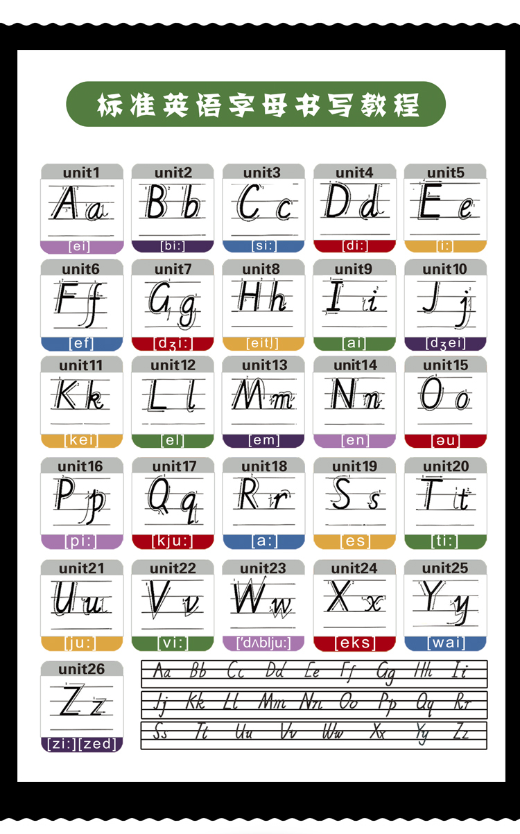 小学生书写表48个26个英文字母手写表音标英语字母挂图墙贴 标准英语