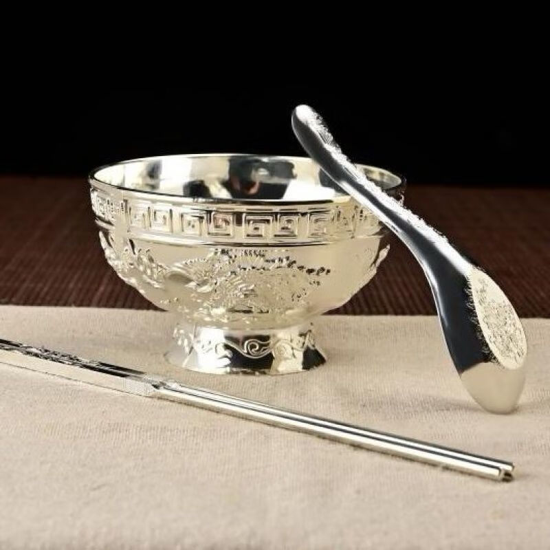 骊采 镀银筷子大号百福镀银碗三件套盒子镀银勺子不食用镀银碗筷镀银