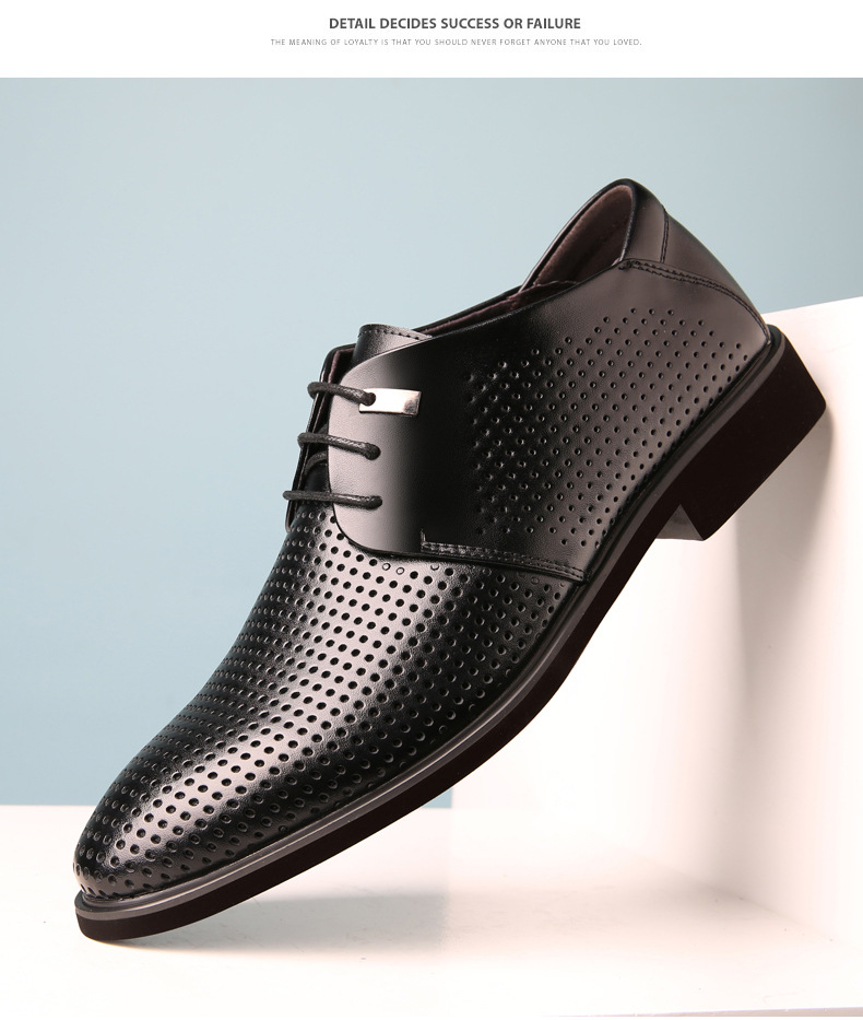 夏季大号牛皮镂空透气休闲皮鞋男土商务系带正装大码男鞋镂空棕色