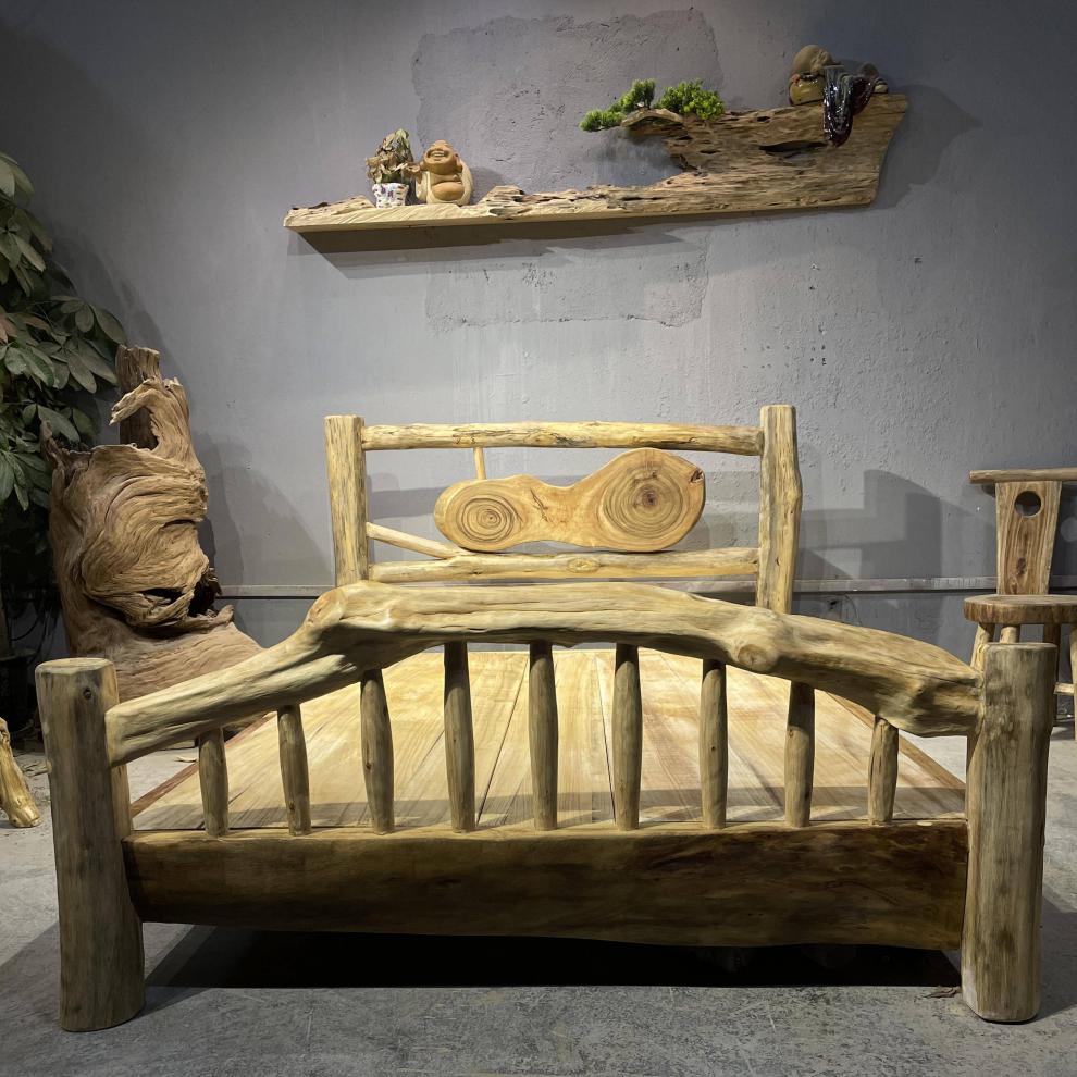 原木网红民宿床原生态全实木双人床自然风香樟木茶楼客栈酒店家具