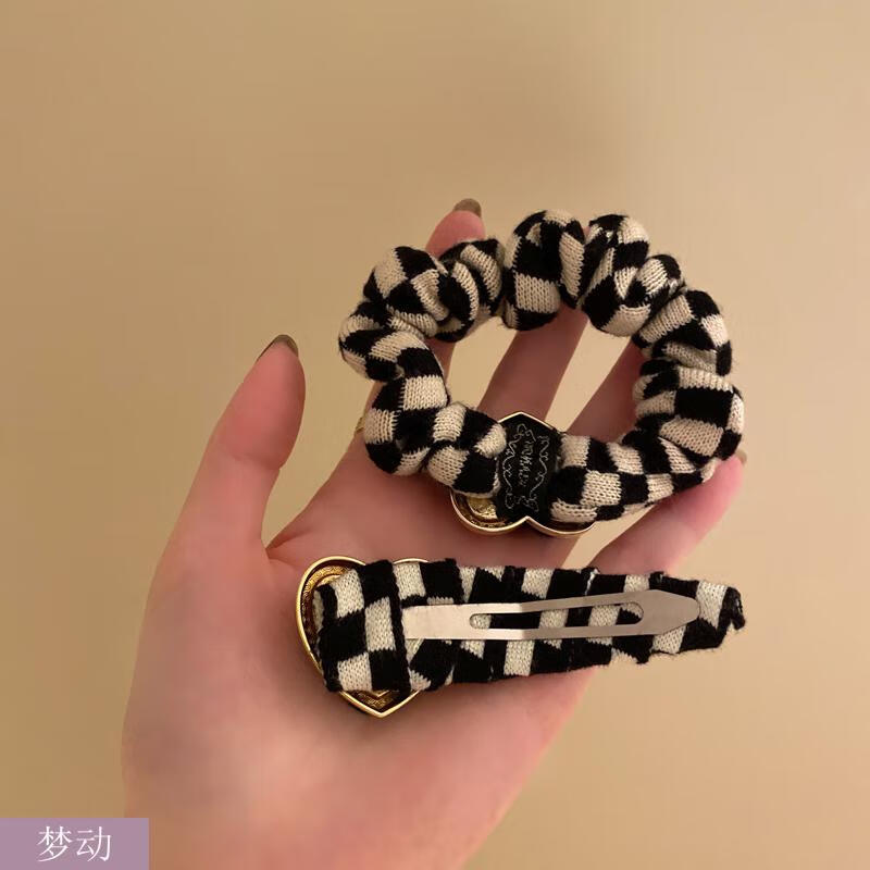 梦动韩国棋盘格爱心大肠发圈冬季2021年丸子头皮套头绳女发绳