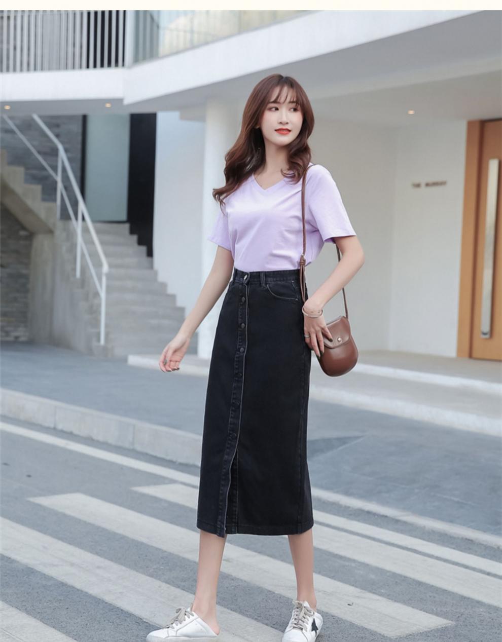 牛仔长裙下半身半身裙女单排扣修身高腰中长款包臀开叉一步紧身牛仔蓝