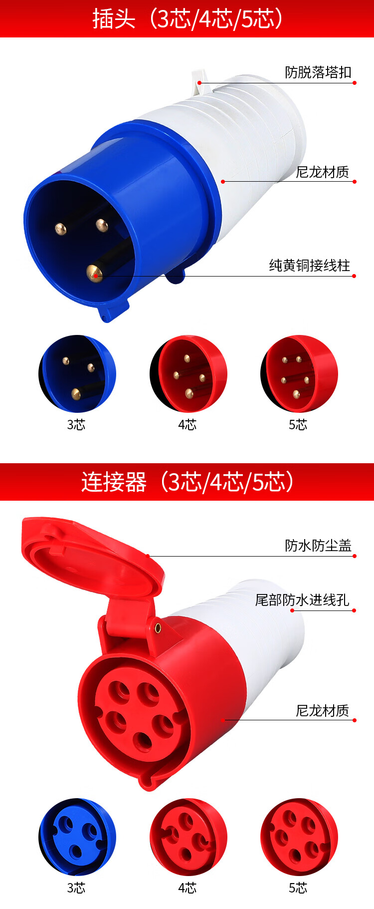 工业插头插座连接器防水航空防爆插头对接三相电3芯4芯5孔16a/32a 5芯