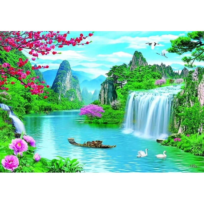 双岗 山水墙画海报大墙纸山水画壁画现代客厅家居装饰画花开富背景画
