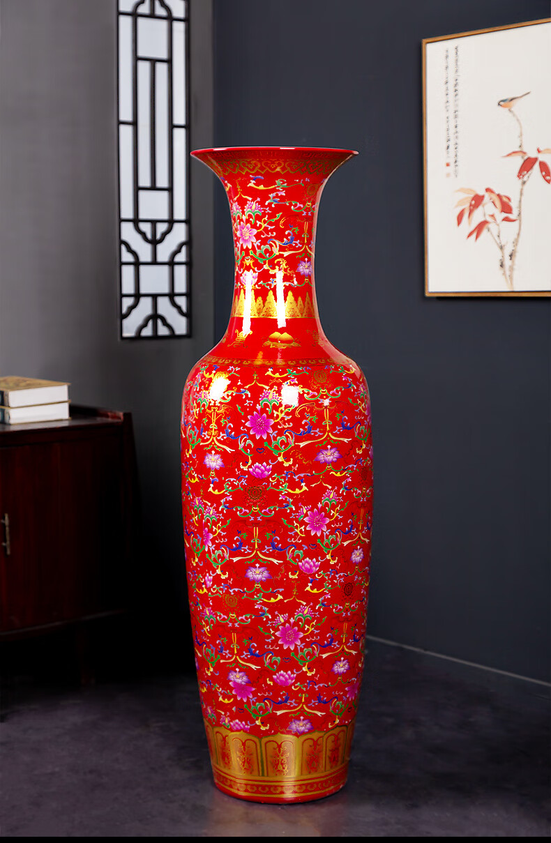 景德镇陶瓷中国红色落地大花瓶中欧式客厅别墅装饰摆件大号开业 1.