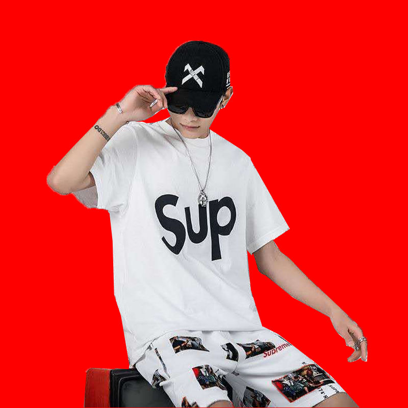 潮牌supreme联名同款song联名经典潮流大印花sup纯棉短袖t恤男女白色s