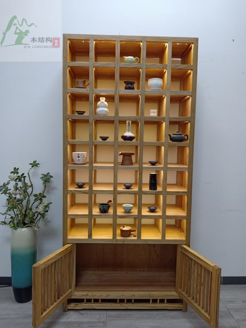 索讯科茶架柜实木紫砂壶展示架茶具茶杯格子收纳架榆