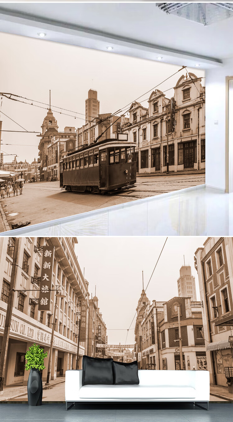 民国老上海旧照老街风景建筑复古客厅装饰画背景墙纸壁画自粘 老上海b
