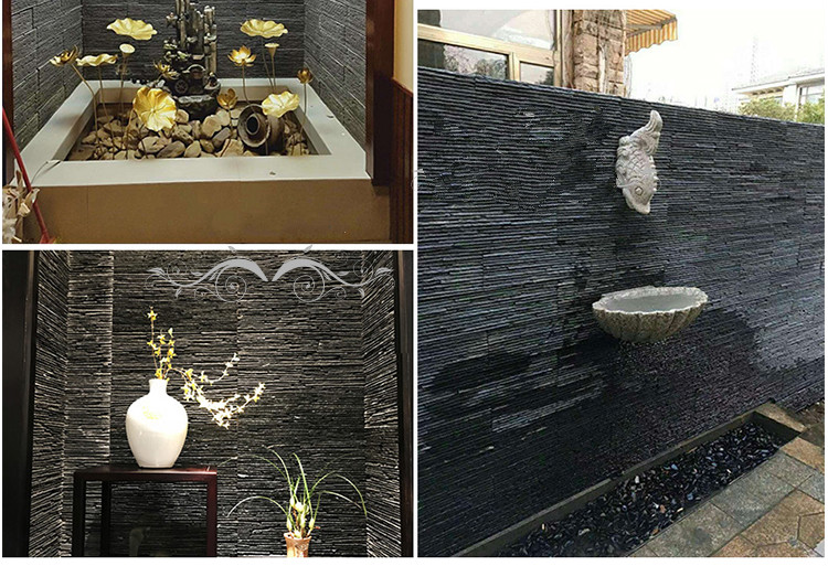 天然流水石文化石水幕墙景观水池流水砖别墅花园装饰背景墙外墙砖黑色
