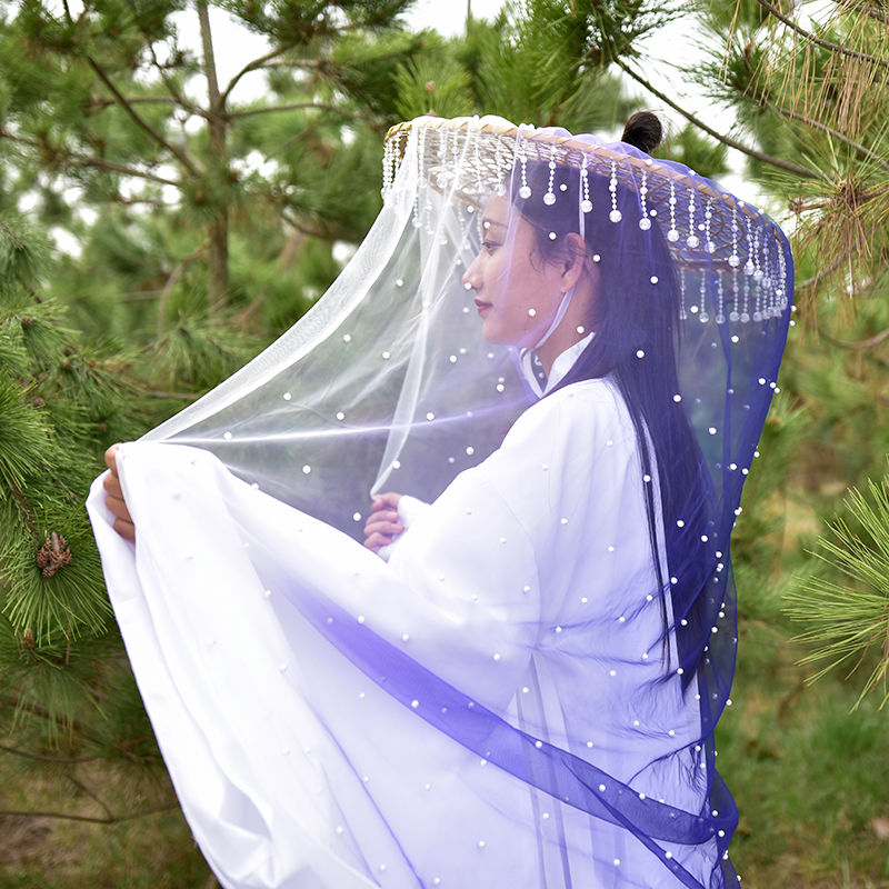 心墨染新品面纱古风古装帽子面纱斗汉服帽子女斗笠古风流苏水晶帘帷幕