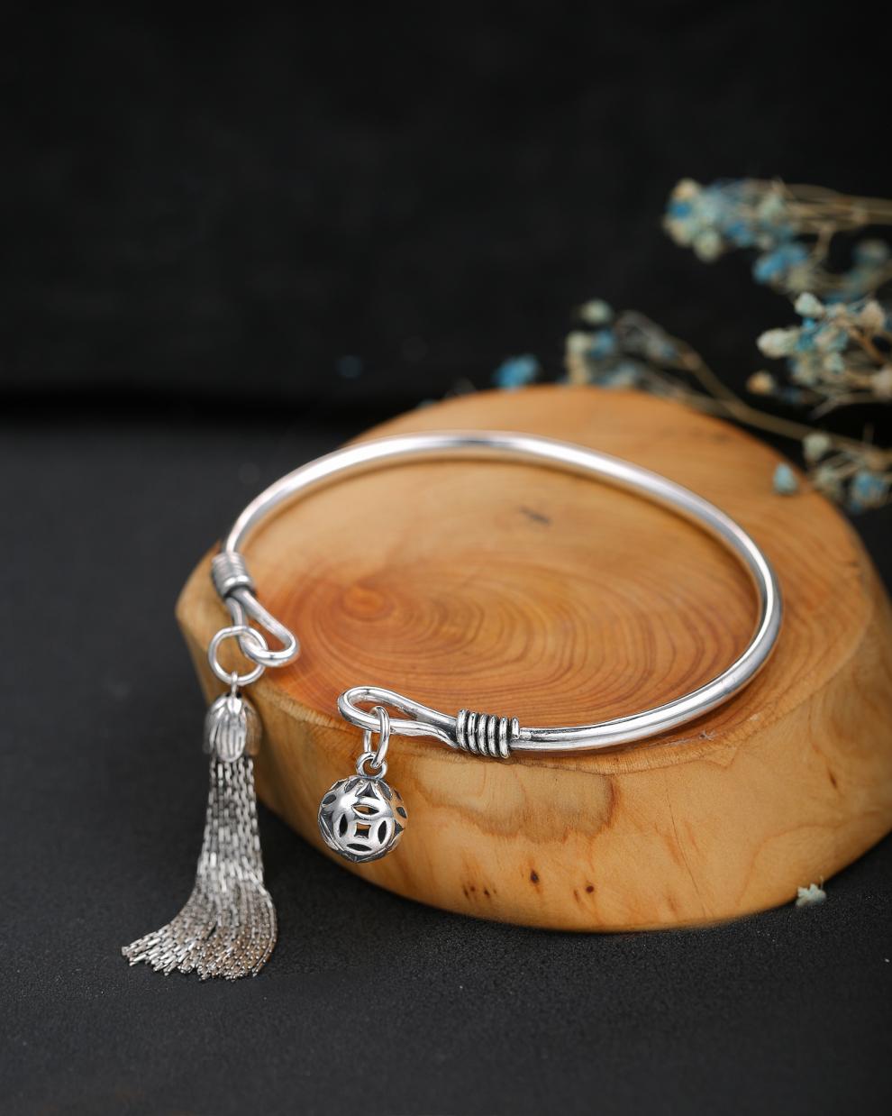 huanyun 手工定制999纯银脚镯女银脚链子大人响铃铛开口足银脚环实心