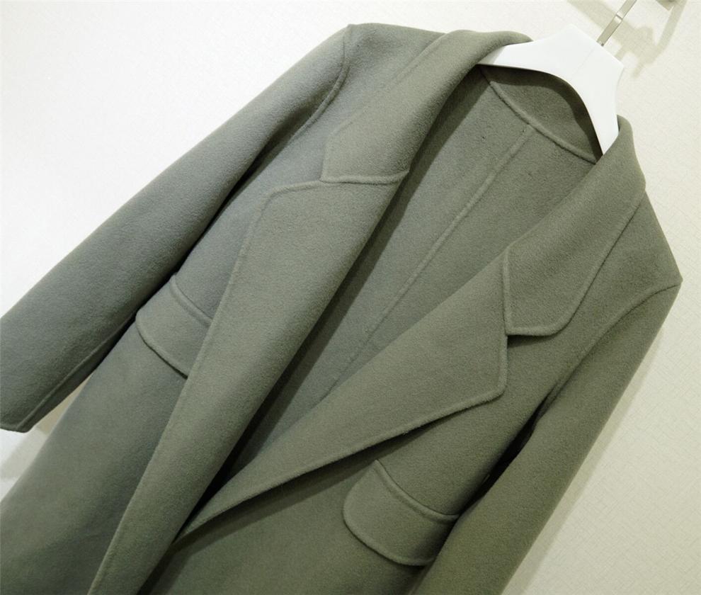 新款秋冬17年冬季新款 韩版翻领复古风中长款灰豆绿双面呢双面羊绒