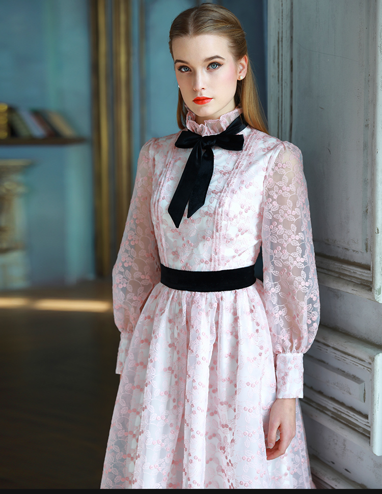 希区瑞普 复古名媛连衣裙高端欧美高领灯笼袖中长款公主裙春f0564