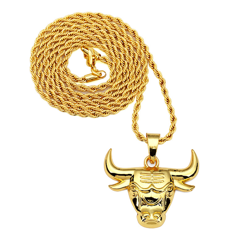 18k厚金电镀超闪个性牛头项链 黑人街头嘻哈hiphop饰品男士饰品 金色