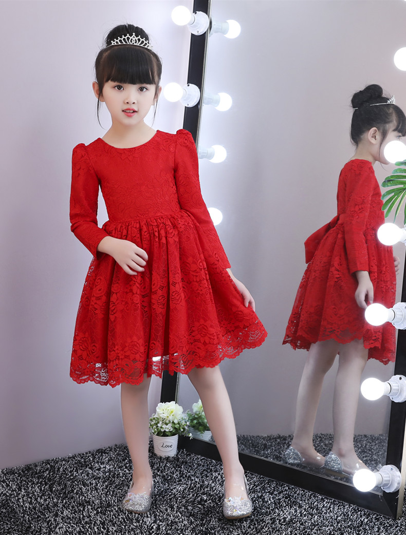 东材女童连衣裙秋冬新款小女孩长袖蕾丝裙子红色女宝宝周岁礼服公主裙