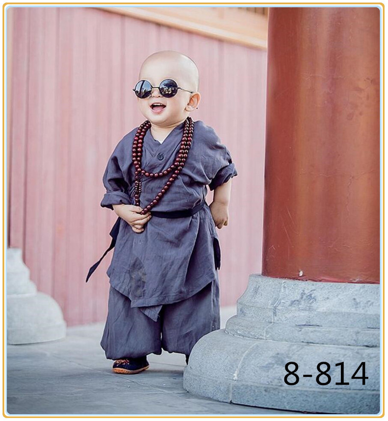 小和尚服装童装演出服棉麻复古儿童春秋男童宝宝僧袍少林寺服 灰色