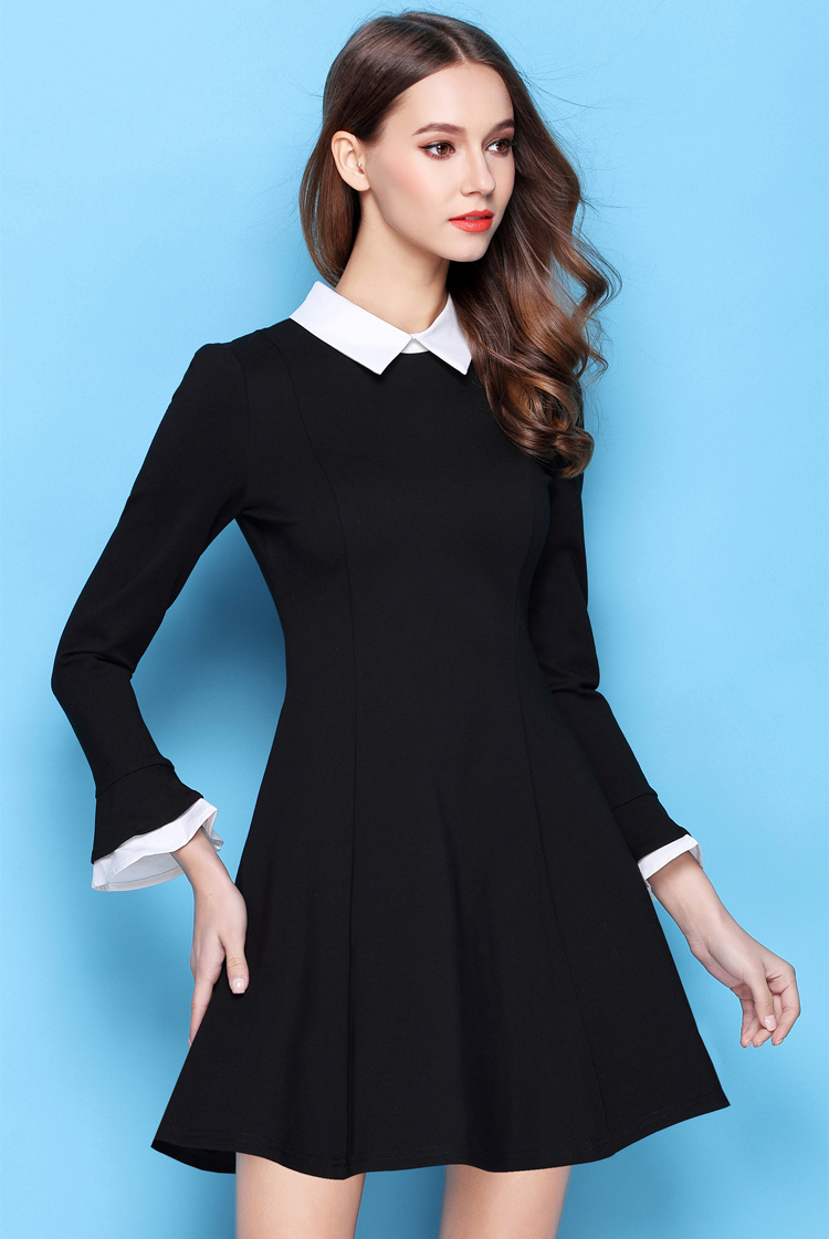 黑白翻领小黑裙女春装2018新款法式少女连衣裙小个子黑色字裙子 q096