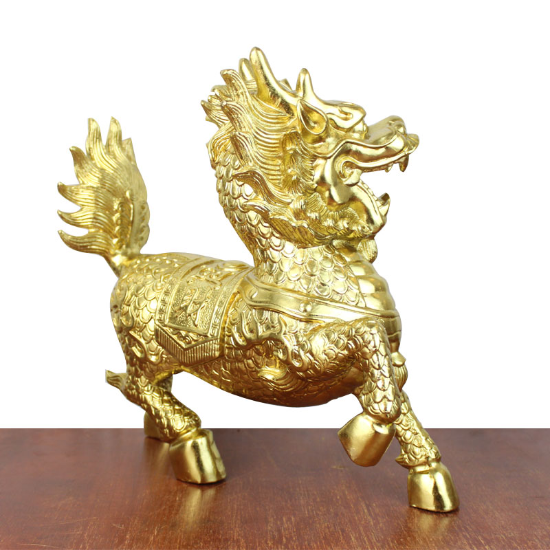 真全铜器纯铜麒麟黄铜麒麟贴金麒麟工艺品摆件鎏金麒麟预售长20cm贴金