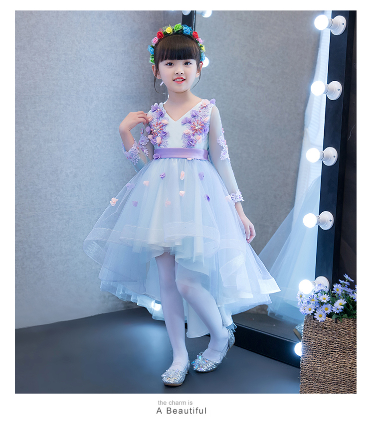 2018春夏儿童礼服拖尾公主裙前短后长女童婚纱珠花v领礼服裙 浅蓝色