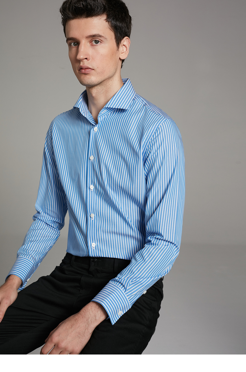 full monty条纹长袖男士衬衫春秋款翻领商务修身纯棉休闲西装衬衣 天