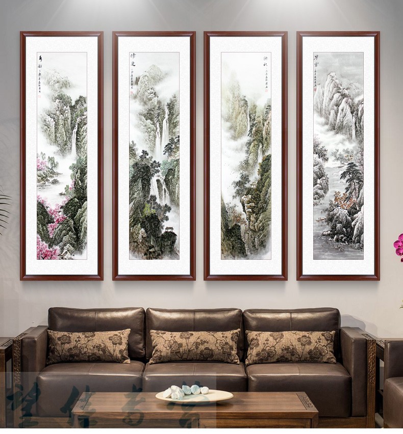 山水画竖版国画玄关四条屏梅兰竹菊中式四联画书房客厅挂画装饰画