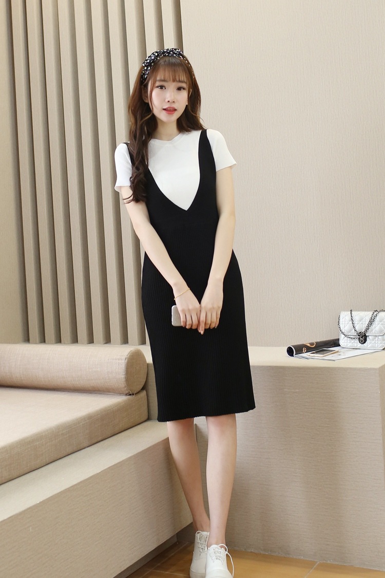 夏季修身潮流女连衣裙韩版女装裙子夏款 上衣白裙黑 均码