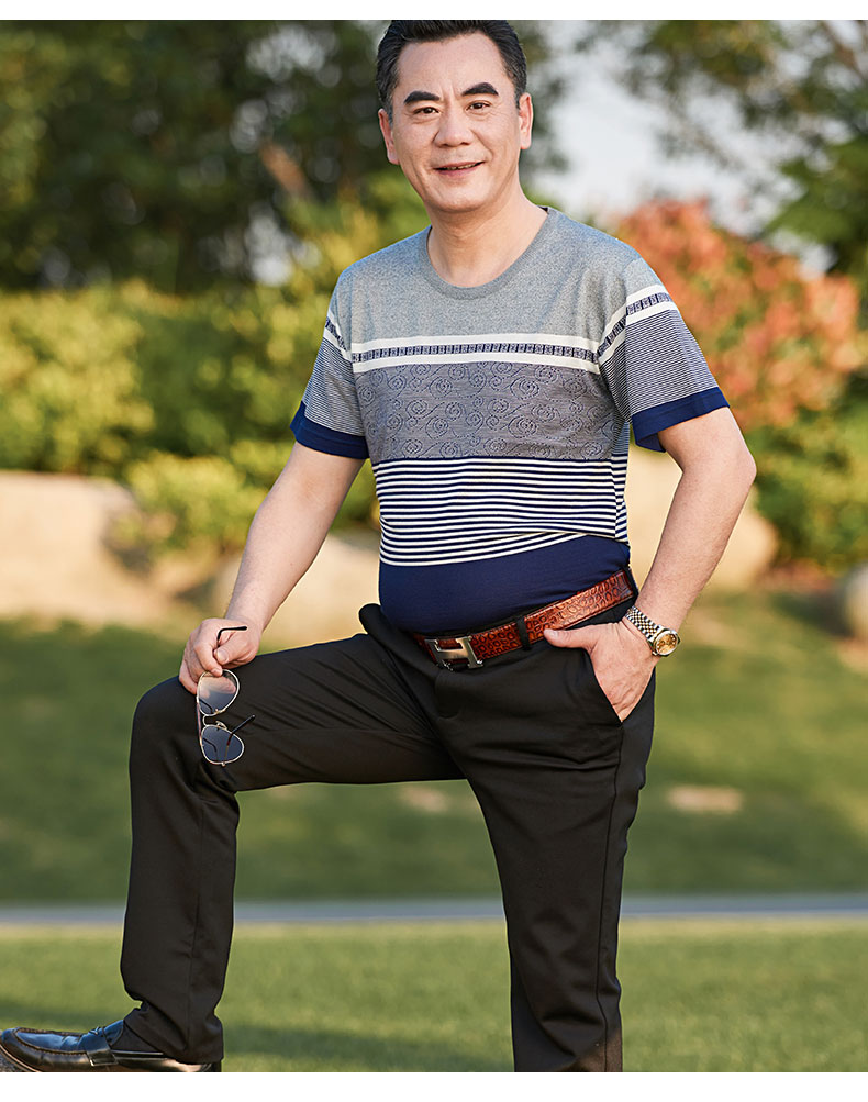 爸爸冰丝短袖t恤男圆领中老年装爸爸装polo衫40-50岁中年人 607青色