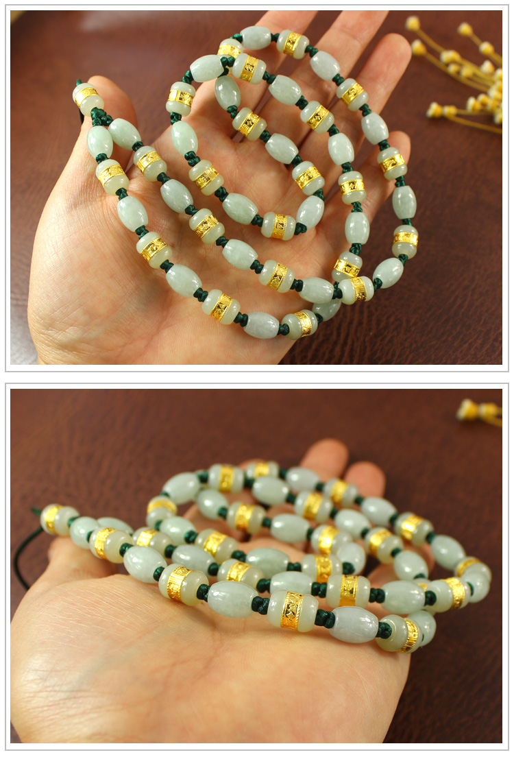 天然翡翠项链男士款玉珠子项链路路通和田金镶玉项链转运珠挂绳 送