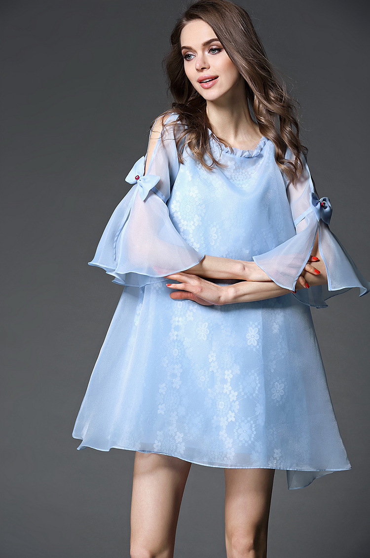 网软服饰欧美女装新款欧根纱蕾丝喇叭袖蝴蝶结a字公主连衣裙 浅蓝色