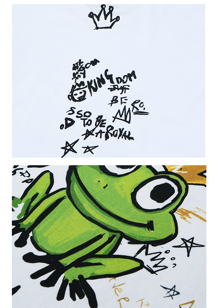 ovb青蛙王子手绘短袖t恤男国潮新品嘻哈宽松情侣装五分袖潮牌男女同款