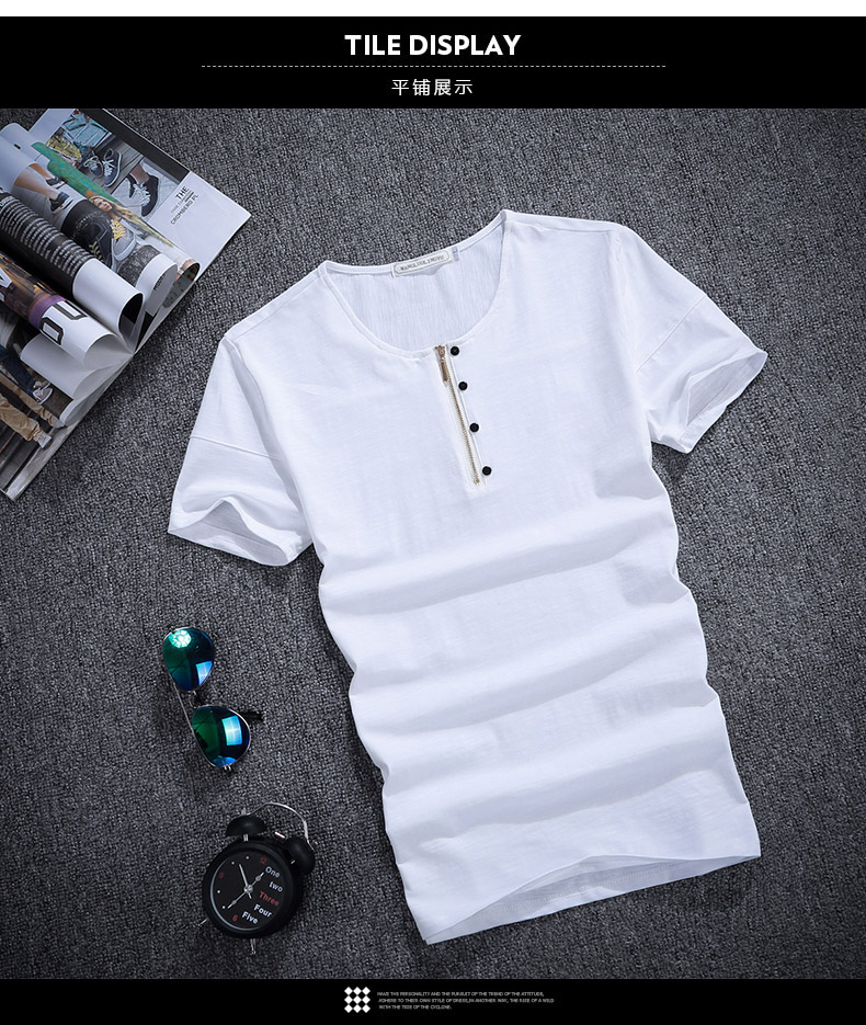 巴蔓妮新2016春夏款男装圆领韩版纯色修身金色拉链工艺纽扣时尚简约