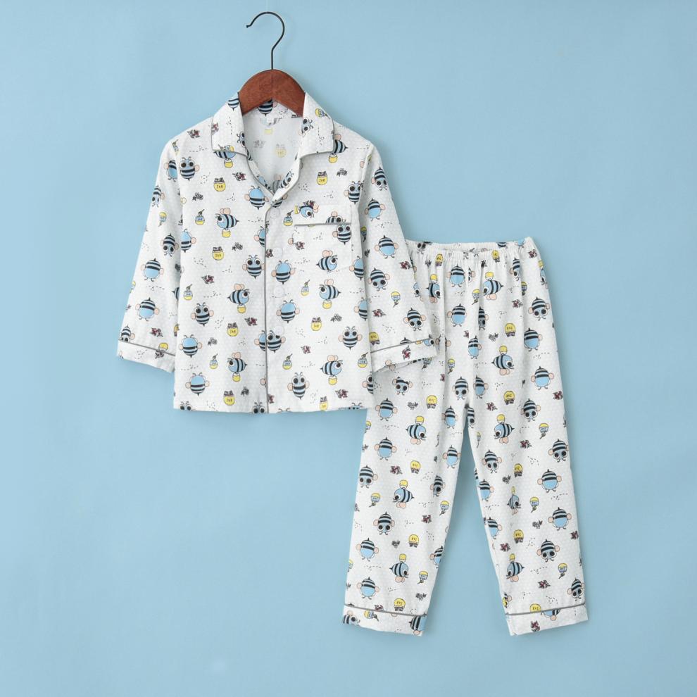 新款儿童棉睡衣春夏秋季棉布纽扣家居服男童女童长袖长裤蓝色绵羊150