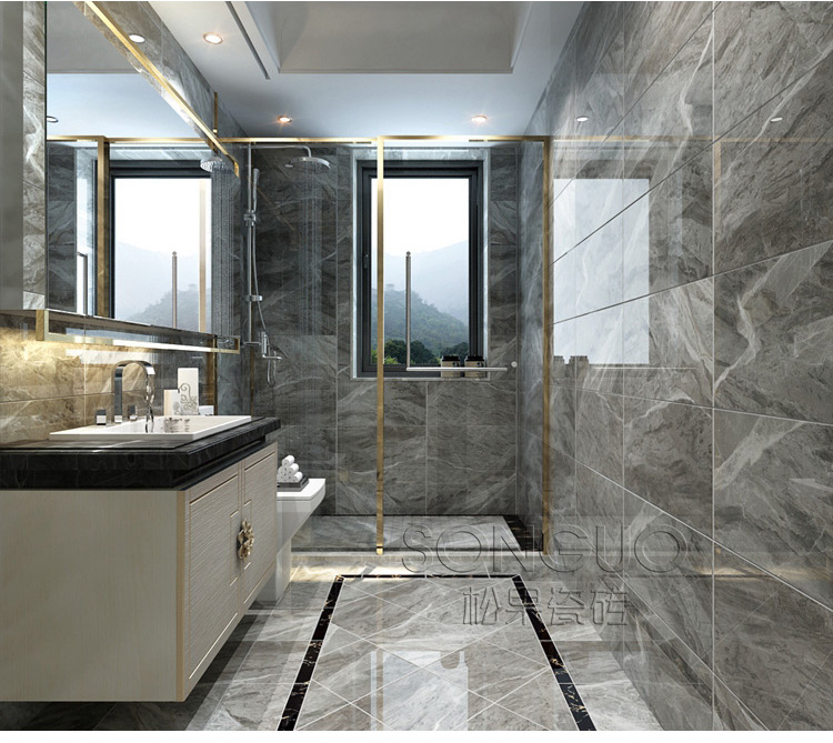 松果瓷砖 现代简约深灰色露娜灰大理石纹路瓷砖卫生间厨房墙砖地砖