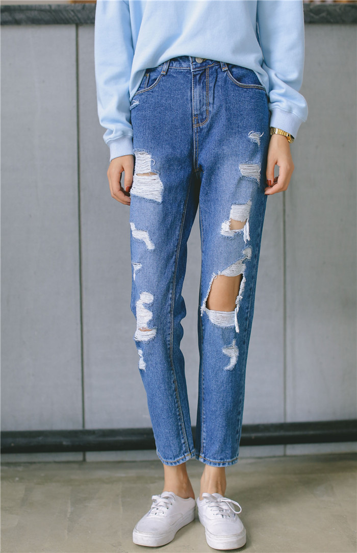 莎缇萱2016春夏女装韩版新款时尚优雅破洞宽松bf风个性百搭乞丐裤牛仔