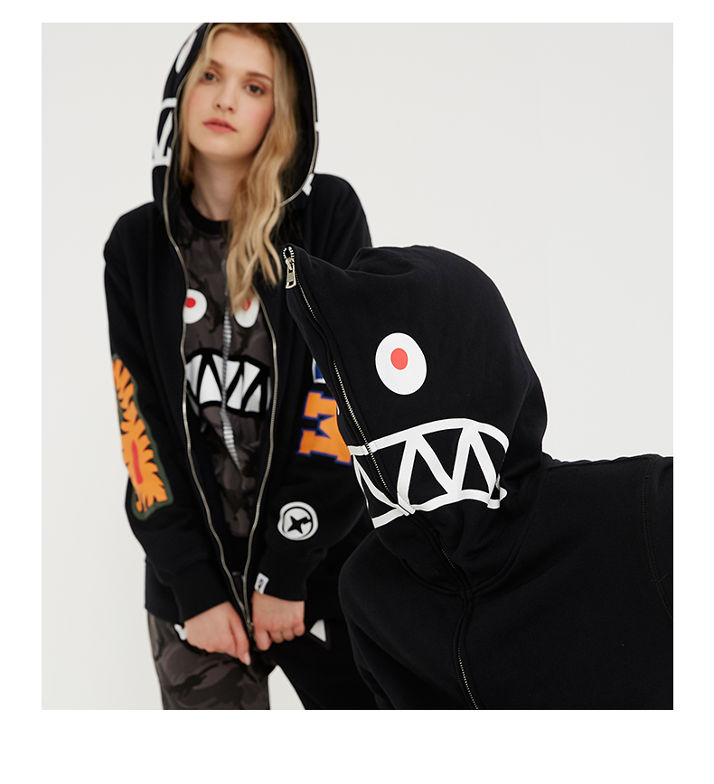 安逸猿ape潮牌2019新品趣味鲨鱼印花开衫加绒连帽卫衣情侣女 黑色 xxs