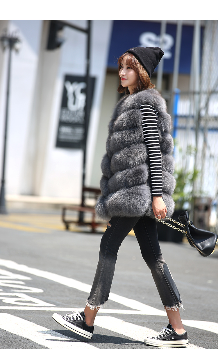 冬季海宁新款六节整皮狐狸毛马甲中长款皮草女士外套修身背心 荷叶蓝