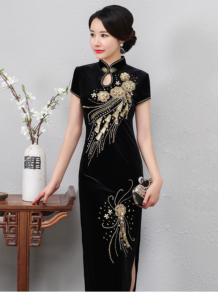 凡香云喜婆婆装结婚礼服高贵金丝绒改良长款旗袍婚礼妈妈服装中老年